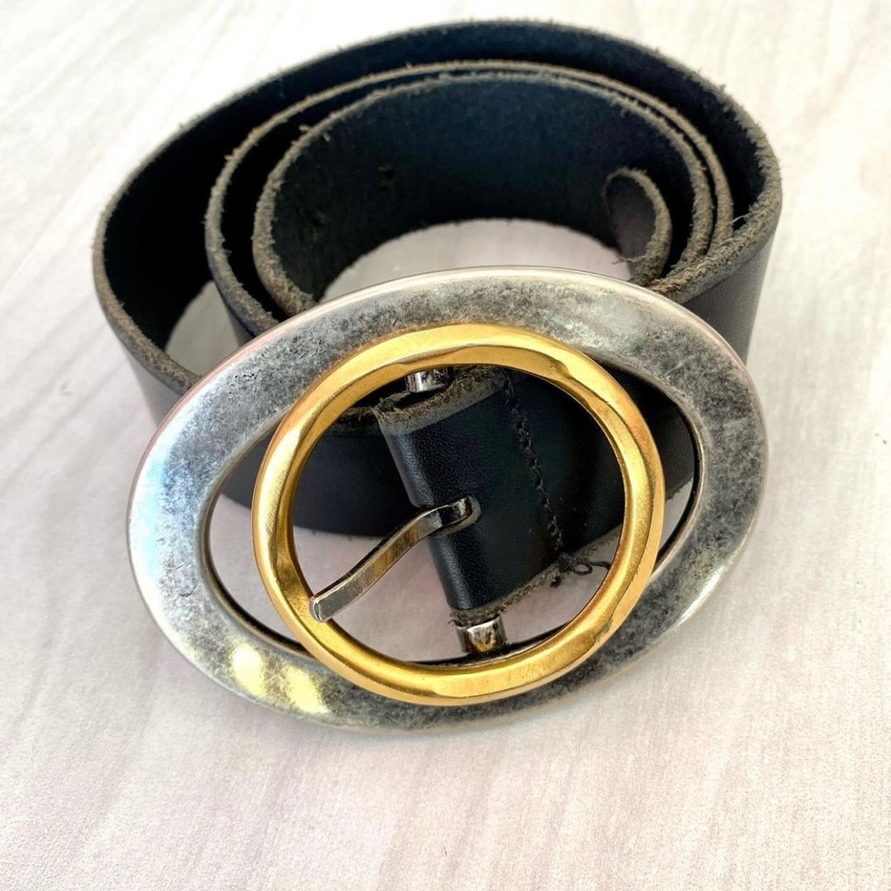 Vintage Dolce & Gabbana black leather belt w/gold and silver tone buckle Size 95